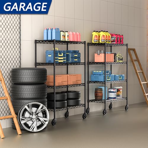 Soywey 4-Shelf Adjustable Heavy Duty Storage Shelving Unit on 4 Wheel Casters, Metal Organizer Wire Rack for Laundry Bathroom Kitchen Pantry Closet, Black - size: 4-Shelf, style: With Wheels