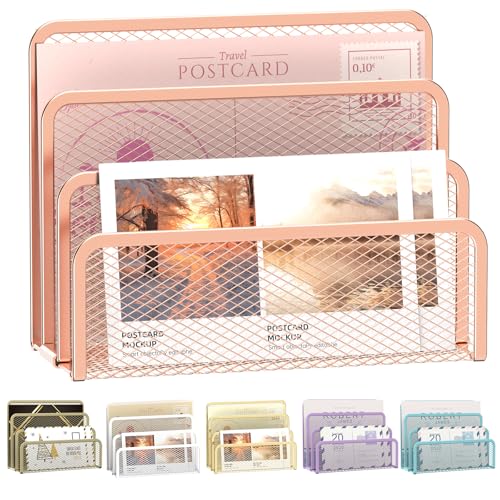 SUPEASY Mail Organizer for Desk, Mesh Metal Mail Holder Countertop with 3-Slot, Letter Sorter File Holder, Office Envelope Organizer for Mails (Rose Gold) - color: Rose Gold