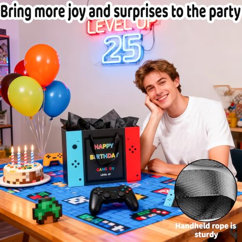 LERCTH Video Game Gift Bags 13" Large Paper Tote Bag with Handles & Greeting Card & Gifts Wrap Paper Reusable Birthday Gift's Bag for Boys Kids Video Game Birthday Party Supplies - color: Game gift bag, size: 1 count (Pack of 1)