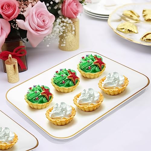 R-kay 3 Pack Plastic Serving Trays for Party - White and Gold Tray 8 by 11 in Heavy Duty Dessert Food Rectangular Premium Platters - color: White and Gold Rim