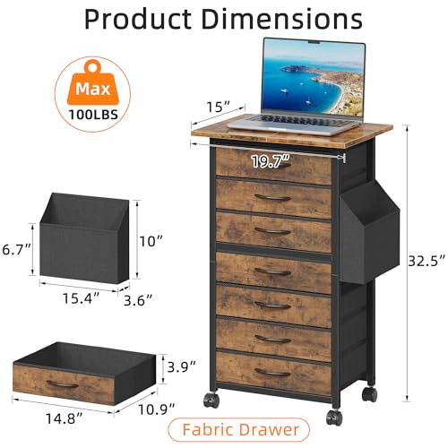 HIGDBFE 7 Fabric Drawers File Cabinet with Side Pocket, Rolling Printer Stand with Storage for Home Office, Wood Top Storage Cabinet for Documents and Crafts, Rustic Brown, 15" D - size: 15"D (7 Drawers)
