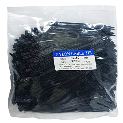 1000 pcs 6 inch Cable Zip Ties Heavy Duty, Premium Plastic Wire Ties with 18 LBS Tensile Strength, UV Resistant Cable Ties, Self-Locking Black Nylon Tie Straps - color: Black, size: 6 inch ( 3 x 150mm )