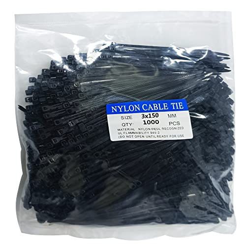 1000 pcs 6 inch Cable Zip Ties Heavy Duty, Premium Plastic Wire Ties with 18 LBS Tensile Strength, UV Resistant Cable Ties, Self-Locking Black Nylon Tie Straps - color: Black, size: 6 inch ( 3 x 150mm )