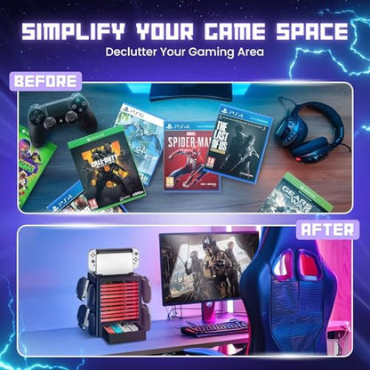 TNP Switch Organizer Station Game Storage Tower Stand for Nintendo Switch OLED with Dock Holder, 10 Game Case Vertical Shelf, 4 Controller Rack, Joy-con Drawer, Black