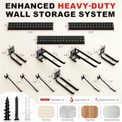 Garage Tool Organizer Wall Mount 49.5 inches with 10 Adjustable Heavy-Duty Hooks, Garage Organization, Garden Tool Storage Rack, Yard, and Shed, Holds Up to 400 lbs - size: 49.5" | 3 Panels + 10 Hooks