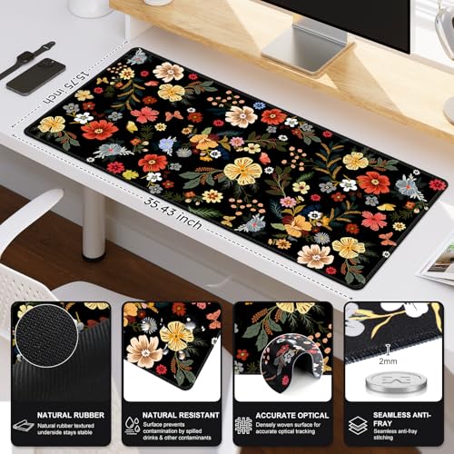 iCasso Desk Matt for Desktop, Cute Desk Pad Mat, XXL Large Mouse Pad, Anti-Slip Big Mousepad with Stitched Edges, Keyboard Pad Mouse Mat for Computer, Work, Gaming (Floral) - color: Floral