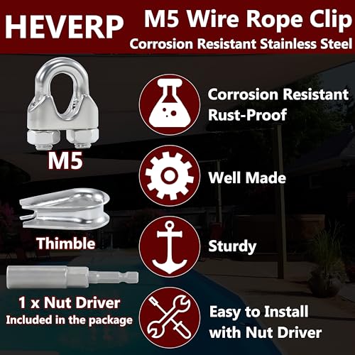 12PCS 3/16 to 1/4 Inches M5 Stainless Steel Wire Rope Clips Cable Clamp,6PCS Thimbles - size: 12 M5 Clips,6 Thimbles,1 Nut Driver