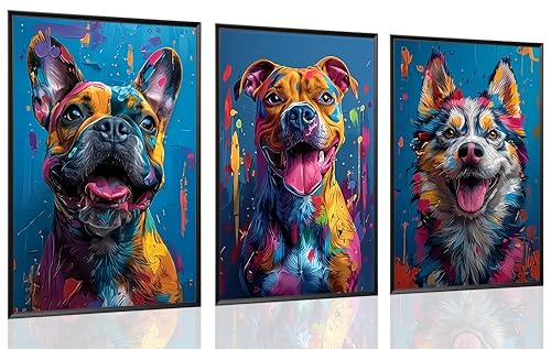 3Pcs Cute Dog Canvas Wall Art Colorful Graffiti Dog Portrait Paintings Pictures Wall Decor Modern Popular Animal Posters Prints Suitable for Bedroom Living Room Teenager Children Room Decoration Unframed - color: blue yellow, size: 16 in x 24 in