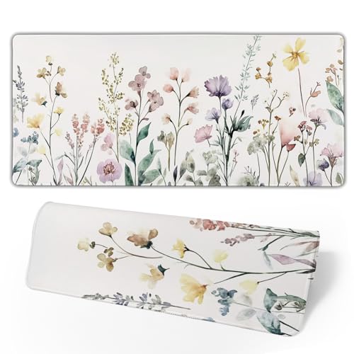 Floral Desk Mat Large Extend Mouse Pad XXL Beige Boho Desk Pad 35.4x15.7 Inch Cute Minimalist Flowers Mouse Pads Flowers Esthetics Computer Laptop Mouse Mat Non-Slip for Home Office Desktop Decor - color: Beige Boho Floral, size: 35.4x15.7 Inch