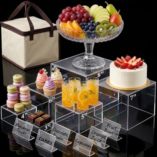 DomeStar 6PCS Clear and White Buffet Risers with Mini Sign, Food Risers Dessert Table Display Set for Buffet Table Party Catering Cupcake Cake Jewelry, Nesting Boxes for Food Display 8" 7" 6" 5" 4" 3" - color: Transparent