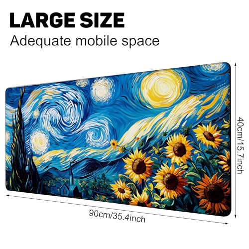 Starry Night and Sunflowers Gaming Mouse Pad with Stitched Edges Non-Slip Rubber Base Mouse Pad for Office,Computer,Keyboard,Laptop and Home Desk,35.4 x 15.7 Inch - color: Starry Night and Sunflowers, size: 15.7*35.4inch
