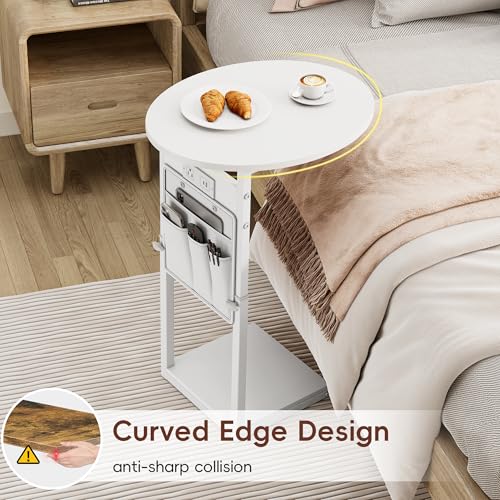 Vagusicc C Shaped End Table with Charging Station, 32" Tall Side Table for Couch and Recliner, Adjustable Height Small Couch Side Table Slide Under Sofa TV Tray Table for Living Room, Bedroom, White - color: White, style: Charging Station
