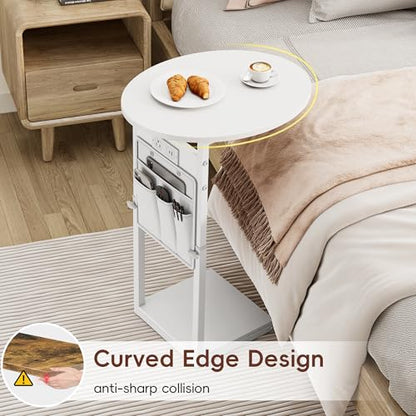 Vagusicc C Shaped End Table with Charging Station, 32" Tall Side Table for Couch and Recliner, Adjustable Height Small Couch Side Table Slide Under Sofa TV Tray Table for Living Room, Bedroom, White - color: White, style: Charging Station