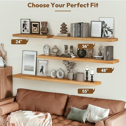 Flat Edge Elm Wood Floating Shelf with Invisible Bracket 55”Natural - color: Natural, size: 55”,set of 1