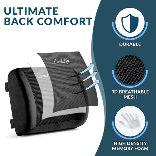 ComfiLife Lumbar Support Back Pillow Office Chair and Car Seat Cushion - Memory Foam with Adjustable Strap and Breathable 3D Mesh (Black) - color: Black