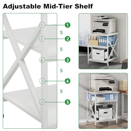 3 Tier Printer Stand, Large Table with Wheels, Rolling Cart with Height Adjustable Middle Storage Shelf, 23.6 x 23.6 x 30.3 Inches Shelf for Home Office, White - color: White