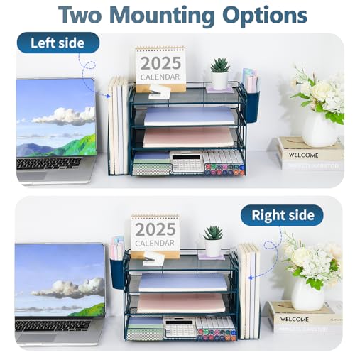 OPNICE Desk Organizer, 4-Tier Desktop File Organizer with Drawer and Pen Holders, Office Desk Accessories, File Sorters, Workspace Organizers for Office Supplies(Dark Blue) - color: Dark Blue, size: 4-tier