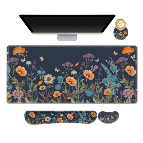 DINKY Desk Mat Keyboard Mouse Pad Set, Large Gaming Mouse Pad +Keyboard Wrist Rest +Mousepad with Wrist Rest +Coaster, Ergonomic Non-Slip 4 in 1 Combo, Flowers Plants Butterflies - color: Flowers Plants Butterflies