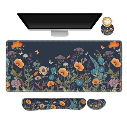 DINKY Desk Mat Keyboard Mouse Pad Set, Large Gaming Mouse Pad +Keyboard Wrist Rest +Mousepad with Wrist Rest +Coaster, Ergonomic Non-Slip 4 in 1 Combo, Flowers Plants Butterflies - color: Flowers Plants Butterflies