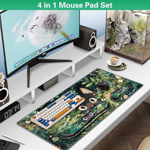 Canjoy Cute Black Cats Mouse Pad Set, 4-in-1 Kawaii Anime Mouse Pad + Keyboard Wrist Rest Support+ Coaster, (35.4×15.7 in) Extended Desk Pad Memory Foam Non-Slip Desk Mat for Home Office - color: Black Cats