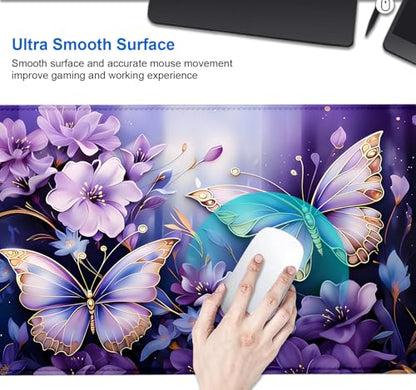 IMAYONDIA Gold Butterfly Desk Pad, Purple Flowers Large Mousepad, Floral Desk Mat, Modern Beutiful Extended Mouse Pads for Laptop, Computer Pad for Women Girls Office, 31.5x11.8 in - color: Purple Butterfly