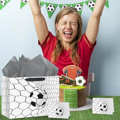Hooqict Large Soccer Gift Bag Soccer Birthday Gift Bag with Handles, Wrapping Paper, Greeting Card for Kids Boys Teens Men Sports Themed Birthday Goodie Treat Party Favors - color: Soccer