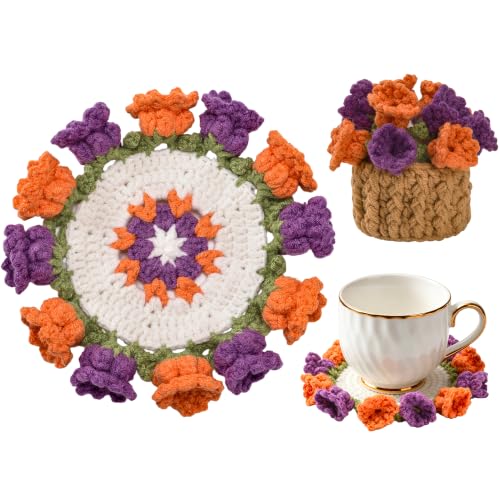Flower Crochet Coasters, Handmade Bouquet Blanket Coaster with Crochet Plant Pot Fun Soft Decorative Drink Coasters for Coffee Tabletop Protection and Home Decor (Purple, 1Pc) - color: Purple, size: 1Pc
