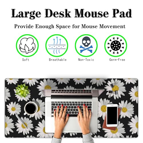 Big Mouse Pad Black Desk Pad Large Gaming Mousepads Pc Mouse Pads Office Items Non-Slip Rubber Base Waterproof with Stitched Edges 35.4 X 15.7 for Game Office, White Daisies - color: White Daisies