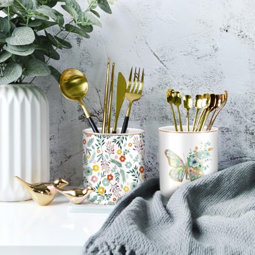 Cute Pen Holder for Desk, Ceramic Durable Pencil Cup, Simple&Modern Style Makeup Organizer, Multifunctional Office Supplies for Home, Kids and School, Butterfly Pattern - color: Butterfly Pattern