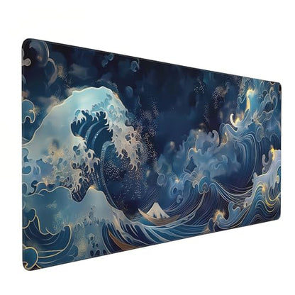 XXL Japanese Wave Gaming Mouse Pad, Extended Keyboard Mat, Blue Ocean Design with Golden Accent, Smooth Surface, Large Desk Mat for PC - color: Japanese wave