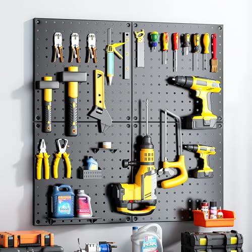 Peg Board, 68PCS Heavy Duty Metal Pegboard with Hooks, 4 Pack Black Peg Board Panels, 50lbs Load Capacity Each, Pegboard Wall Organizer for Garage, Workshop, Craft Rooms Total 24” x 24” - color: Black, size: 12“×12”-4PCS（with Hooks）