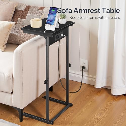 HOOBRO C-Shaped End Table with Charging Station, Adjustable Height Sofa Tray Side Table, Slide Under Couch Arm Table, Small C Side Table for Small Space in Living Room, Bedroom, Black BB71USF01 - color: Black