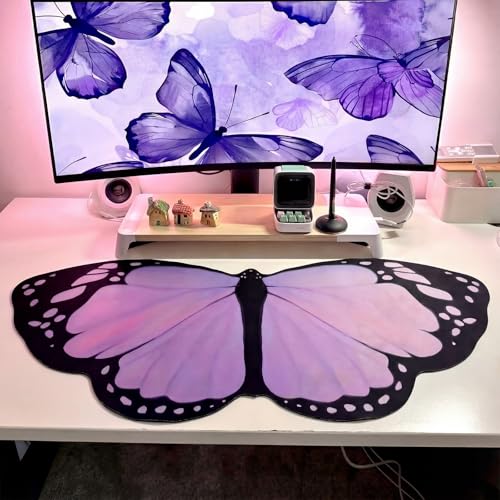Tellegloww Large Purple Butterfly Gaming Mouse Pad Desk Mat Decorative Butterfly Keyboard Desk Mat with Non-Slip Base Table Accessories for Back to School Office Home Study 35.43 x 15.75 Inches - color: Purple, style: Butterfly