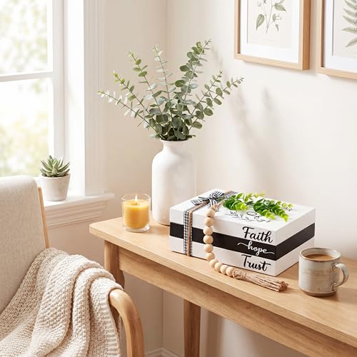 Capoda 3 Pcs Decorative Books for Home Decor Farmhouse Faux Stacked Books Wooden Rustic Table Decor with Bead Garland Twine Ribbon Faux Leaf for Table (Faith) - style: Faith