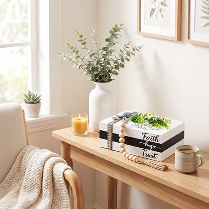 Capoda 3 Pcs Decorative Books for Home Decor Farmhouse Faux Stacked Books Wooden Rustic Table Decor with Bead Garland Twine Ribbon Faux Leaf for Table (Faith) - style: Faith