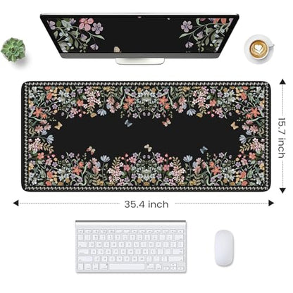 HAOCOO Floral Desk Pad for Keyboard and Mouse, Black Mouse Pad with Non-Slip Rubber Base, XXL Keyboard Mat with Edge Stitching, Soft Computer Mat, Gaming, Office Aesthetics - color: Black