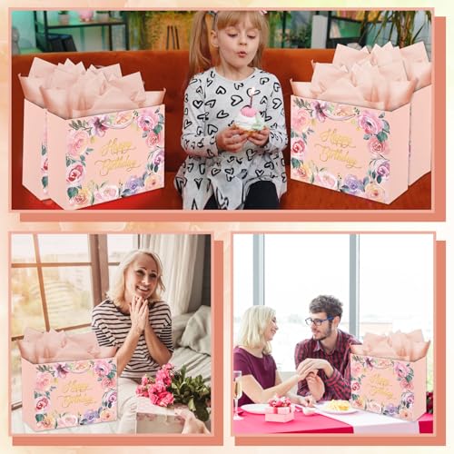 Woohookaka 13" Elegant Rose Gift Bag Set - Premium Pink Gift Bags with Tissue Paper & Card for Women's Birthday, Mother's Day, Anniversary Luxury Packaging - color: Rose
