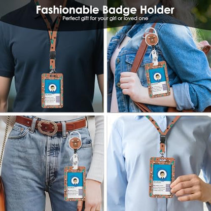 Lanyards for ID Badge, Cow Lanyard ID Card Holder with Retractable Reel Clip and Keychain, Wild Yak Vertical Identity Heavy Duty Badge Cover Case Protector for Teacher Nurse Women Men - color: Cow-brown