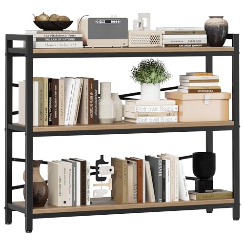 3 Tier Bookshelf 39.37" Width, Dorm Desk Hutch, Desk Shelf, Long Industrial Bookcase, Wooden Large Book Shelf for School Home Living Room Bedroom Office Storage(Light Coffee) - color: Light Coffee, size: 3 Tier - 39.4" W