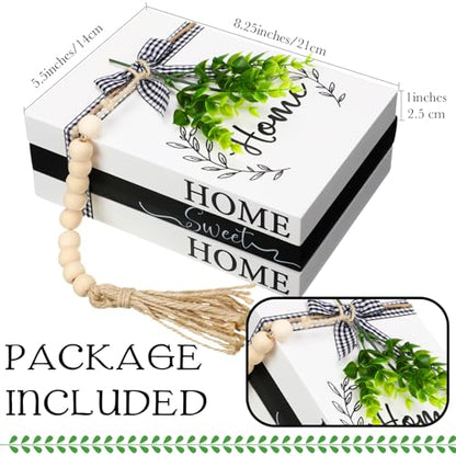Capoda 3 Pcs Decorative Books for Home Decor Farmhouse Faux Stacked Books Wooden Rustic Table Decor with Bead Garland Twine Ribbon Faux Leaf for Table(Home) - style: Home