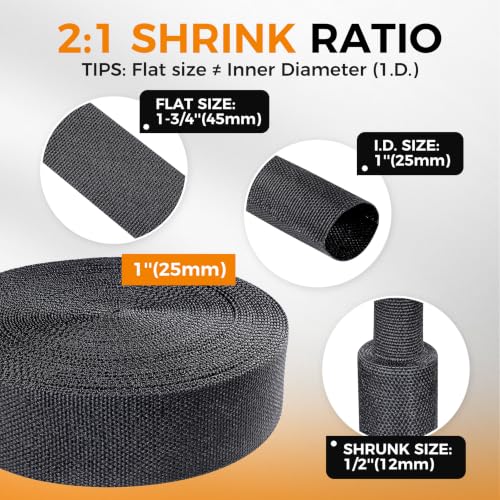 Black 2:1 Ratio Automotive Heat Shrink Braided Sleeving,Wear-Resistant Flat Woven Shrinkable Sleeve Fabric Car Cable Wires Hoses Protection (1"-26ft) - size: 1"-26ft