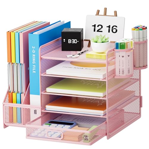 Marbrasse Desk Organizer with File Holder, 5-Tier Paper Letter Tray Organizer with Drawer and 2 Pen Holder, Mesh Desktop Organizer and Storage with Magazine Holder for Office Supplies(Pink) - color: Pink