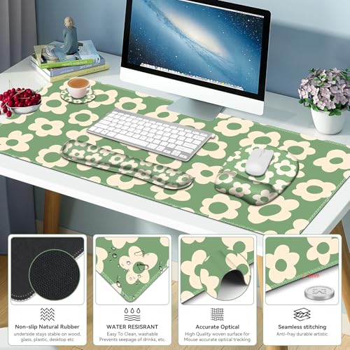 Large Mouse Pad with Wrist Support 4in1 Set, XXL Game Mousepad +Keyboard Wrist Rest+Mouse Wrist Rest+Coaster Ergonomic Design Gaming Mat for Home Office Table Computer I Vintage Groovy Flowers - color: Vintage Groovy Flowers
