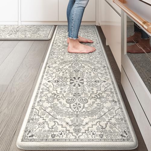 KIMODE Anti Fatigue Kitchen Mats, 2 PCS Cushioned Kitchen Rugs and Mats, Boho Kitchen Floor Mats Non Slip, Comfort Foam Standing Mat for Laundry, Office, Sink, Grey 17.3" x 59"+17.3" x 29" - color: Light Grey/Multi, size: 17.3" x 59"+17.3" x 29"--0.47 inc