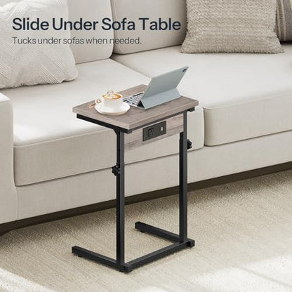 HOOBRO C-Shaped End Table with Charging Station, Adjustable Height Sofa Tray Side Table, Slide Under Couch Arm Table, Small C Side Table for Small Space in Living Room, Bedroom, Greige BG71USF01 - color: Greige + Black