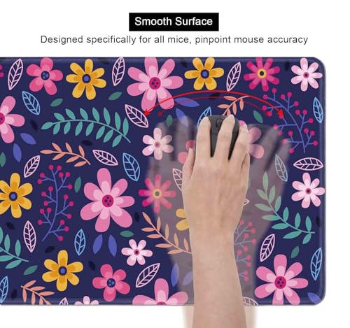 Purple Pink Flowers Desk Mat, Daisy Floral Extended Large Gaming Mouse Pad, Non Slip Rubber Base Stitched Edge Desktop Desk Pad for Computer, Christmas and Thanksgiving Gifts, 31.5 x 11.8 in - color: Pink Flowers on Blue