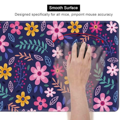 Purple Pink Flowers Desk Mat, Daisy Floral Extended Large Gaming Mouse Pad, Non Slip Rubber Base Stitched Edge Desktop Desk Pad for Computer, Christmas and Thanksgiving Gifts, 31.5 x 11.8 in - color: Pink Flowers on Blue