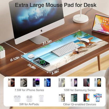Wireless Charging Mouse Pad, 31.5"x15.8" Large Gaming Desk Mat for Keyboard/Laptop, Waterproof Ultra-Smooth Surface, Non-Slip Base, with 20W PD Adapter, Summer Beach - color: Summer Beach-31.5"x15.8"(with Wall Charger)