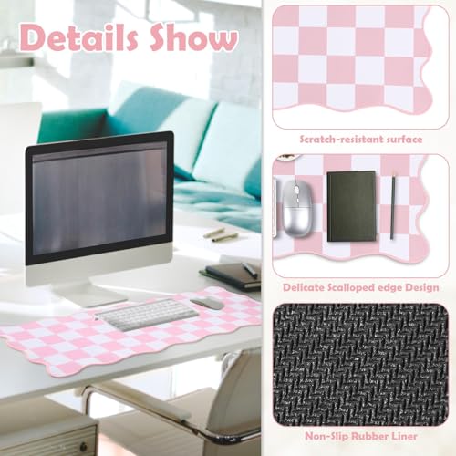 Copkim 1 Pcs Pink Scalloped Checkered Desk Mat 31.5 x 11.8 Inch Large Cute Mouse Pad Computer Mat Non Slip Waterproof Rubber Base with Border Stitching Soft Keyboard Pad for Home Office Gaming Makeup - color: Pink, style: Checkered
