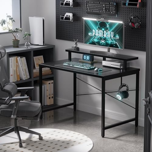 Pamray 32 Inch Small Computer Desk with Monitor Stand, Simple Office Desk with Headphone Hook for Small Spaces, Kids Study Writing Table for Bedroom, Black - color: Black, size: 32 Inch